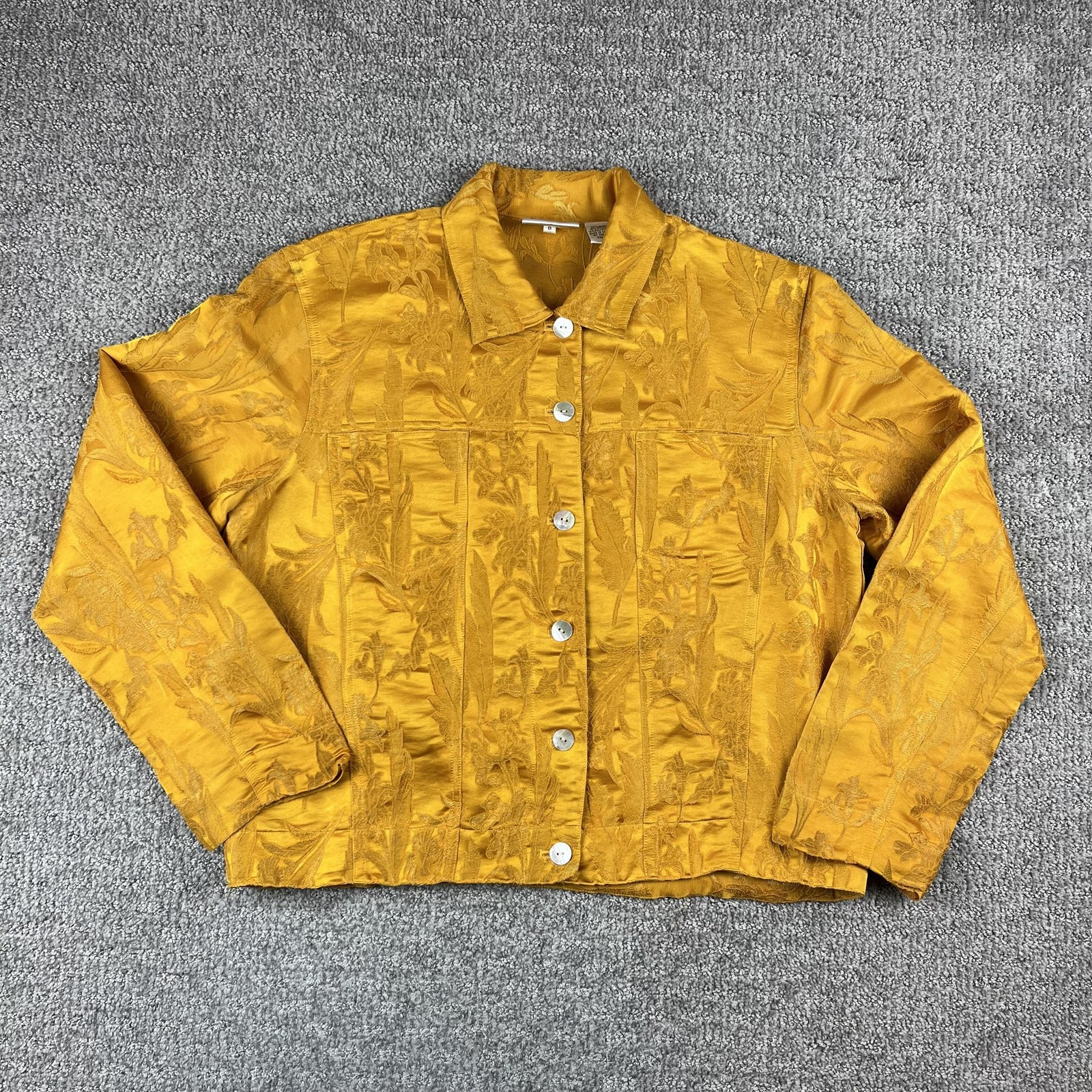 Vintage Chicos Jacket Womens Medium Gold Silk Blend Floral Jacquard Embroidered