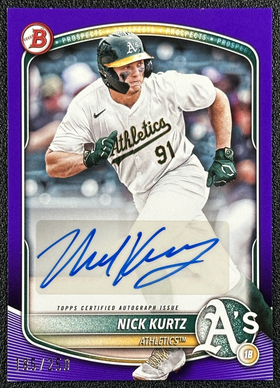 NICK KURTZ 2025 BOWMAN #BPA-NK PROSPECT AUTO PURPLE BORDER 185/250