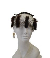 1950s Vintage Mink Fur Birdcage Veil Hat, Brown Fascinator