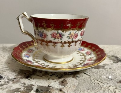 Aynsley 2466 Red & Gold Filigree with Roses Design Cup & Saucer