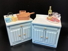 Dolls House 1/12 Scale Blue Kitchen Cupboards x 2 Kettle Mugs Wine Glasses