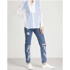 Sandro Women's Rebecca Lightning Bolt Slim Straight Distressed High Rise Jeans 6