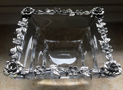 Rogaska KRISTALL SCHALE MIT SILBER RAND 900er Blumen Motiv SCHWER