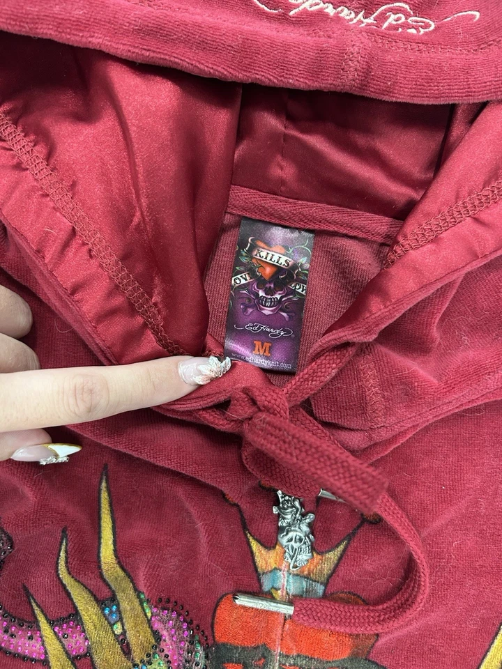 Sudadera con Capucha Vintage Años 00 Ed Hardy Terciopelo Y Seda Interior Deslumbrante Cremallera Talla M Foto 2 de 4