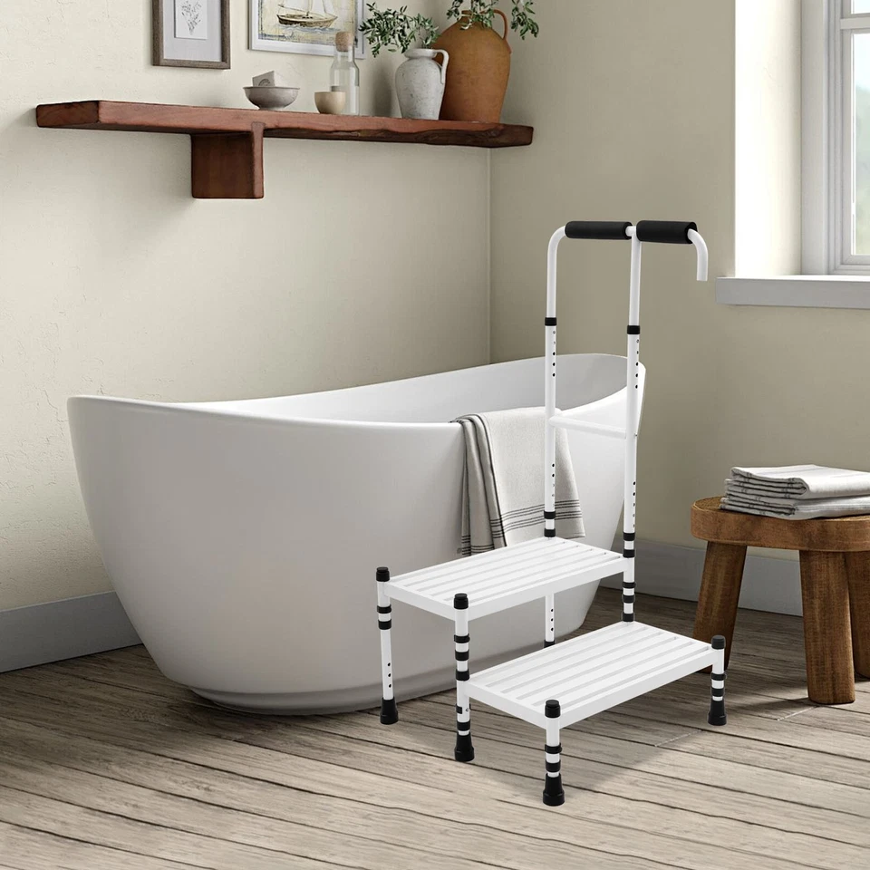 White Floor Standing Step Stool Adult Ramp with Handrail Metal Stepping Stool