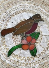 Vintage Handcrafted Stained Glass Suncatcher Bird On Leaves Window Decor