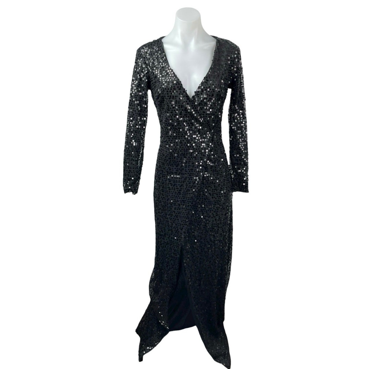 Women's Black Sequin Sparkly Long Sleeve V Neck Evening Gown Maxi Dress  Size S/M | eBay