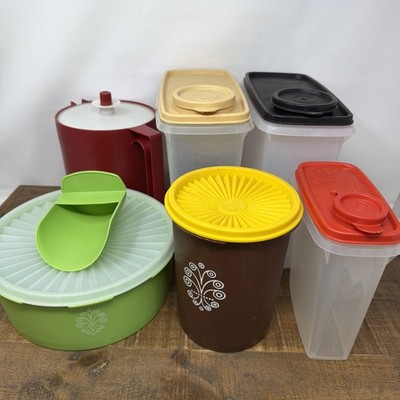 Vintage Tupperware Mixed Lot of 7 Containers Lids Pitcher Cereal Scoop