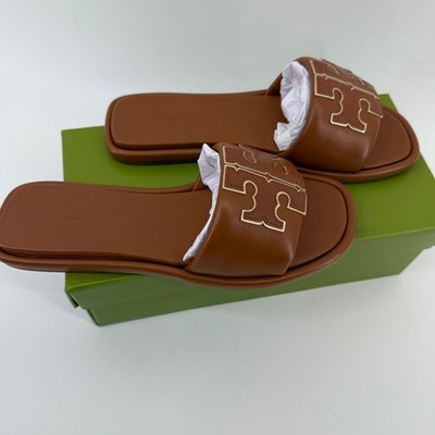NEW Tory Burch Double T Sport slide Nappa Leather Bourbon Miele/ Gold 79985 W 7