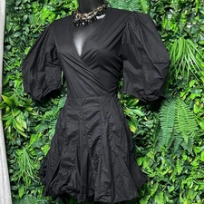 Rhode Claudine Dress  Mini Wrap Balloon Sleeve Small Black  V Neck Cocktail 2910