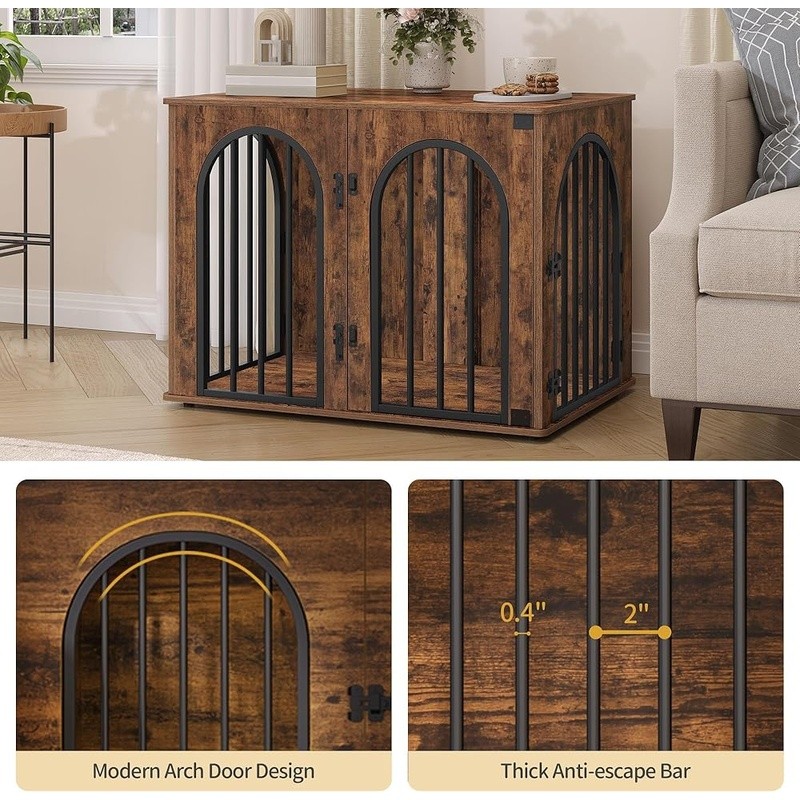 как выглядит Anti-Escape Dog Crate Furniture Chewproof 3-Door Design Indoor Pet Kennel New фото