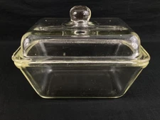 Vintage 1940s Glasbake Yellow Covered Refrigerator Dish with Lid & Chips