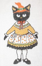 Halloween Cat in a Dress Needlepoint Canvas Hand Painted 18 mesh Zweigart BHD