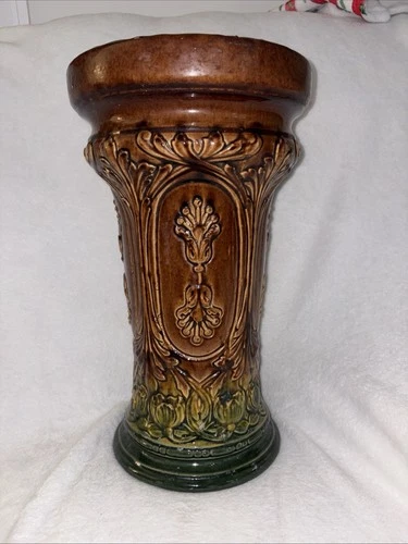 Vintage McCoy? Majolica Pottery Jardiniere Pedestal 2370 Greens Browns 16 1/2”