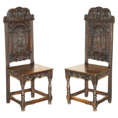 ANTIQUE PAIR OF 17TH CENTURY JACOBEAN ENGLISH OAK CHAIRS FROM THE