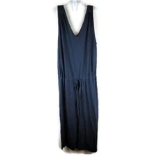 Gap Body Tank Dress XS Black Long Drop Drawstring Waist Front Slit Double V-neck