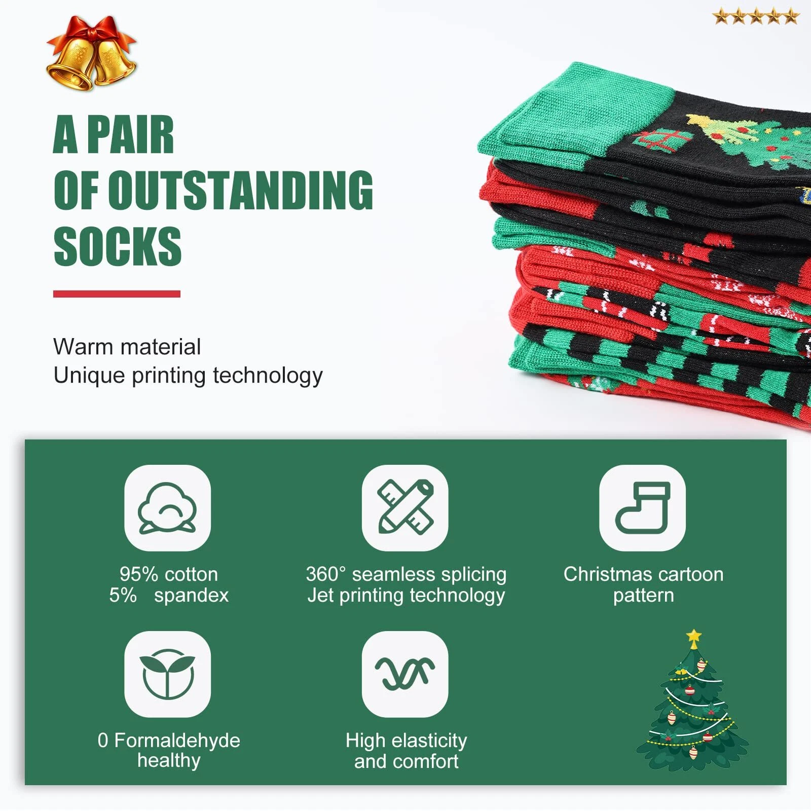 6 Pack Christmas Crew Socks for Men US Size 6-13 Festive Holiday Socks