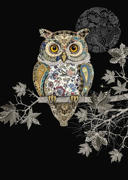 Jewels Decorative Owl Gold & Silver Foil Embossed Blank Card by Bug Art