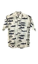 Columbia Fish Print Button Up Short Sleeve Camp Shirt Men  s Large Beige 5426