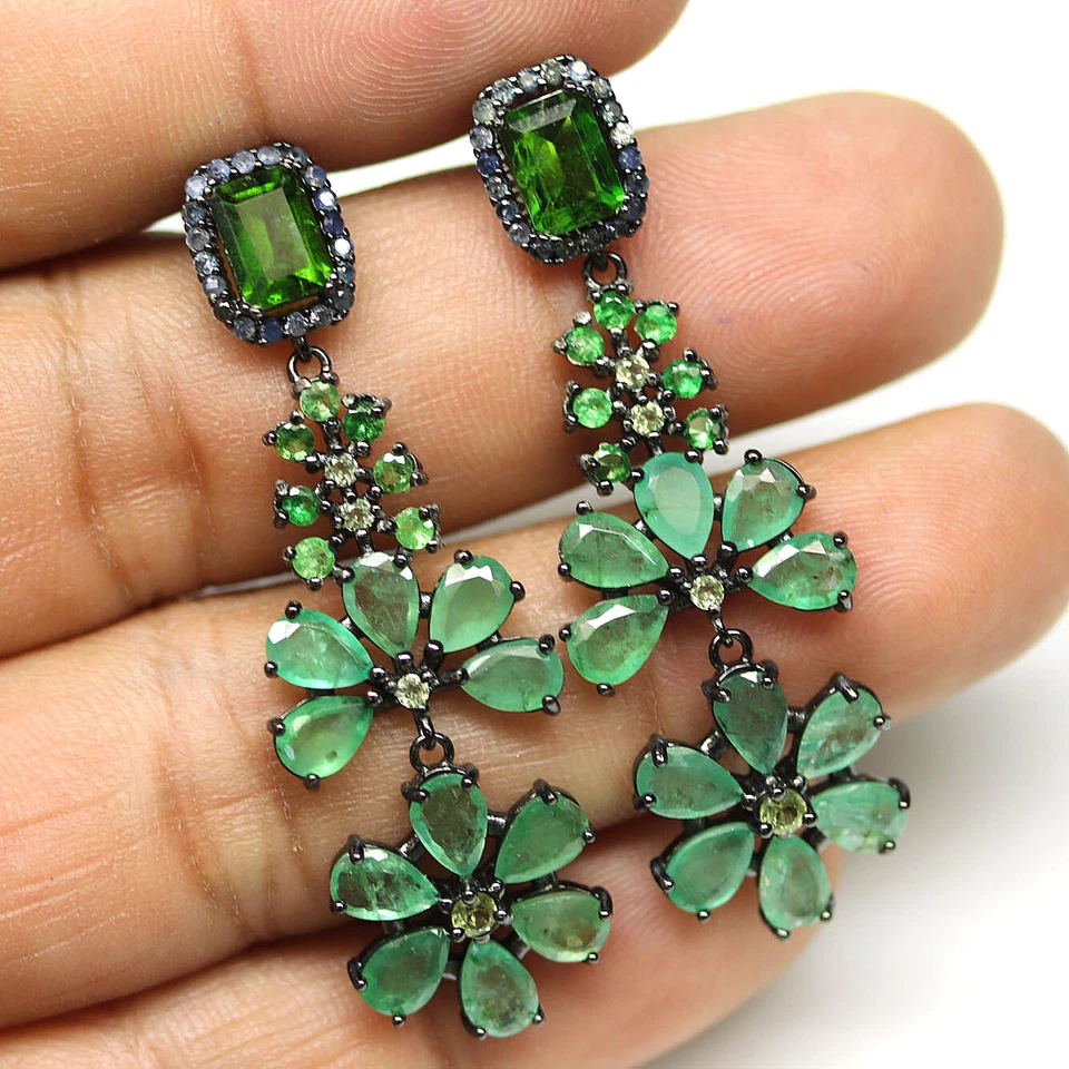 925 Sterling Silver Green Emerald, Diopside, Tsavotite & Sapphire Earrings - Image 2 of 4