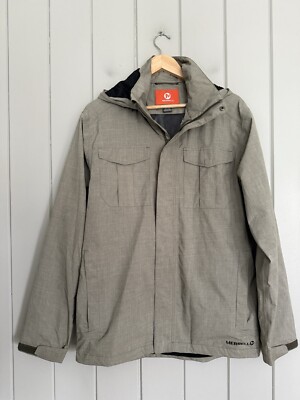 Men's Merrell Select Dry Jacket M Medium Chest Pockets Hooded Grey Beige Zip