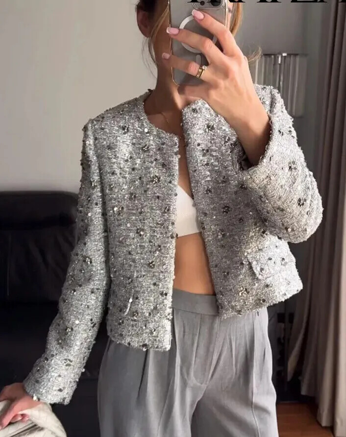 Zara ZW Collection Sequin Tweed Jacket Silver Metallic XS S M L