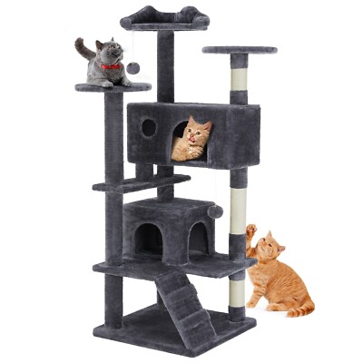 54in Cat tree, indoor cat high-rise multi-story tower, pet playroom, dark grey
