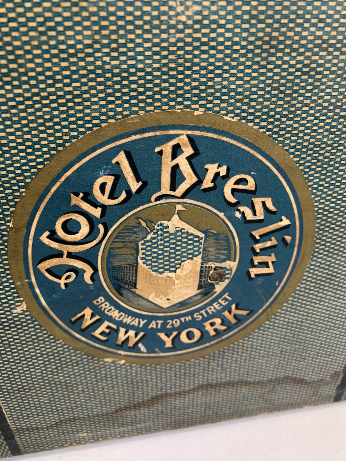 1930's Composite DOLL TRUNK Brass Knuckle Corners Pin Stripe pattern 13"x8"x8"