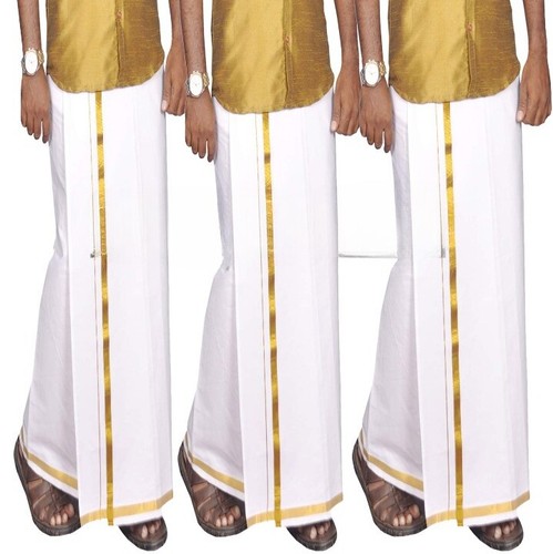 Mens White Cotton Dhoti with Jari Border Cotton - Picture 3 of 13