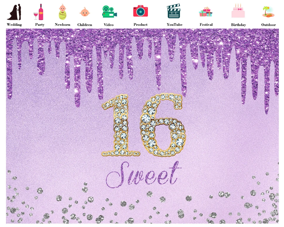 10x8ft Sweet Purple Girl Happy 16th Birthday Vinyl Backdrop Photo Background - Image 3 of 4