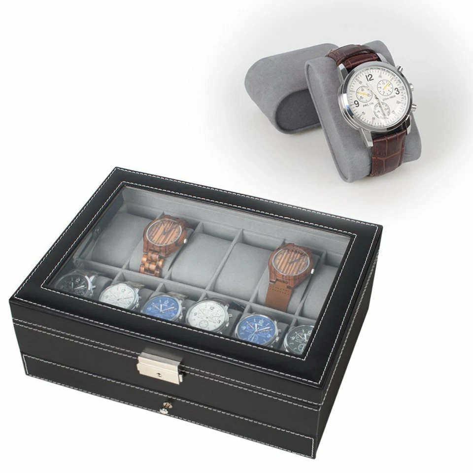 Caja de reloj organizador de exhibición de 12 ranuras tapa de vidrio almacenamiento de joyas regalo de Navidad nuevo Foto 3 de 4