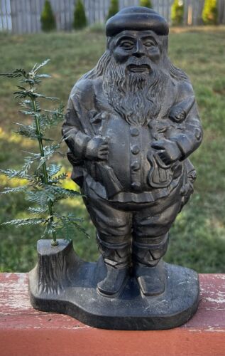 Vintage Cast Iron SANTA CLAUS w/Metal Christmas Tree Indoor Or Out Door Decor - Picture 1 of 10