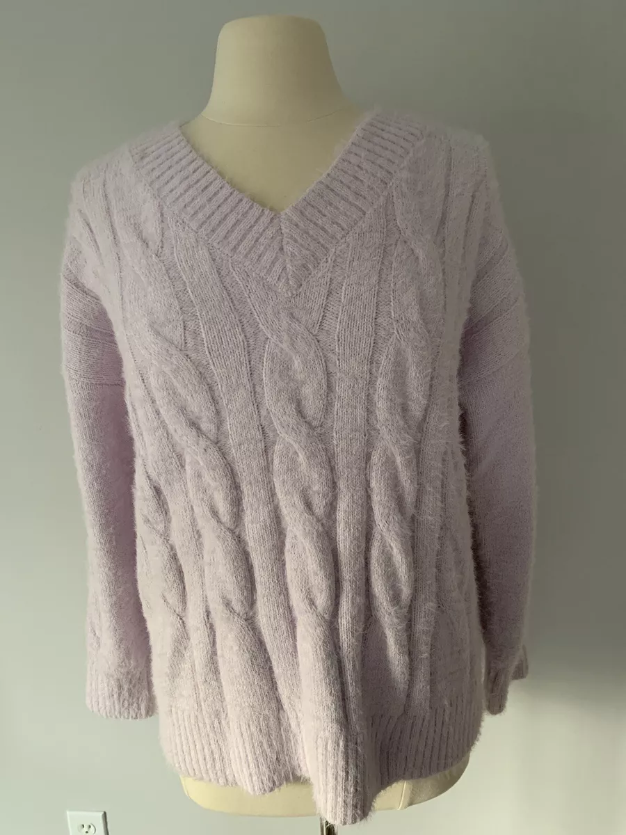 Lucky Brand L Women's Purple Violet Fuzzy Eyelash Cable Knit V