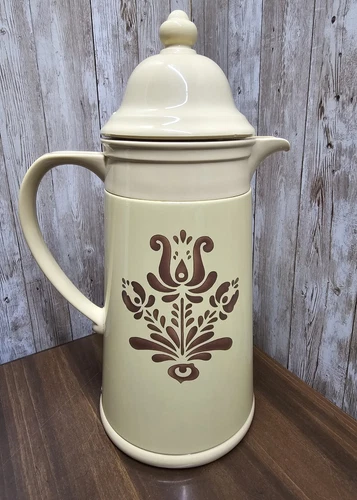 Vintage Pfaltzgraff Village Thermos Pitcher Insulated Coffee Yellow Beige Carafe