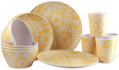 Melamine Dinner Set 16-Piece Plates Bowls Tumblers for Yellow Floral  Crockery