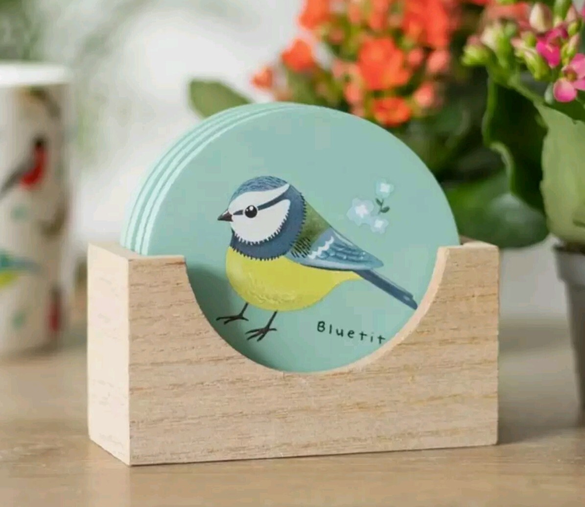 COASTER Set Off Four BRITISH GARDEN BIRDS Print Coaster Set NEW