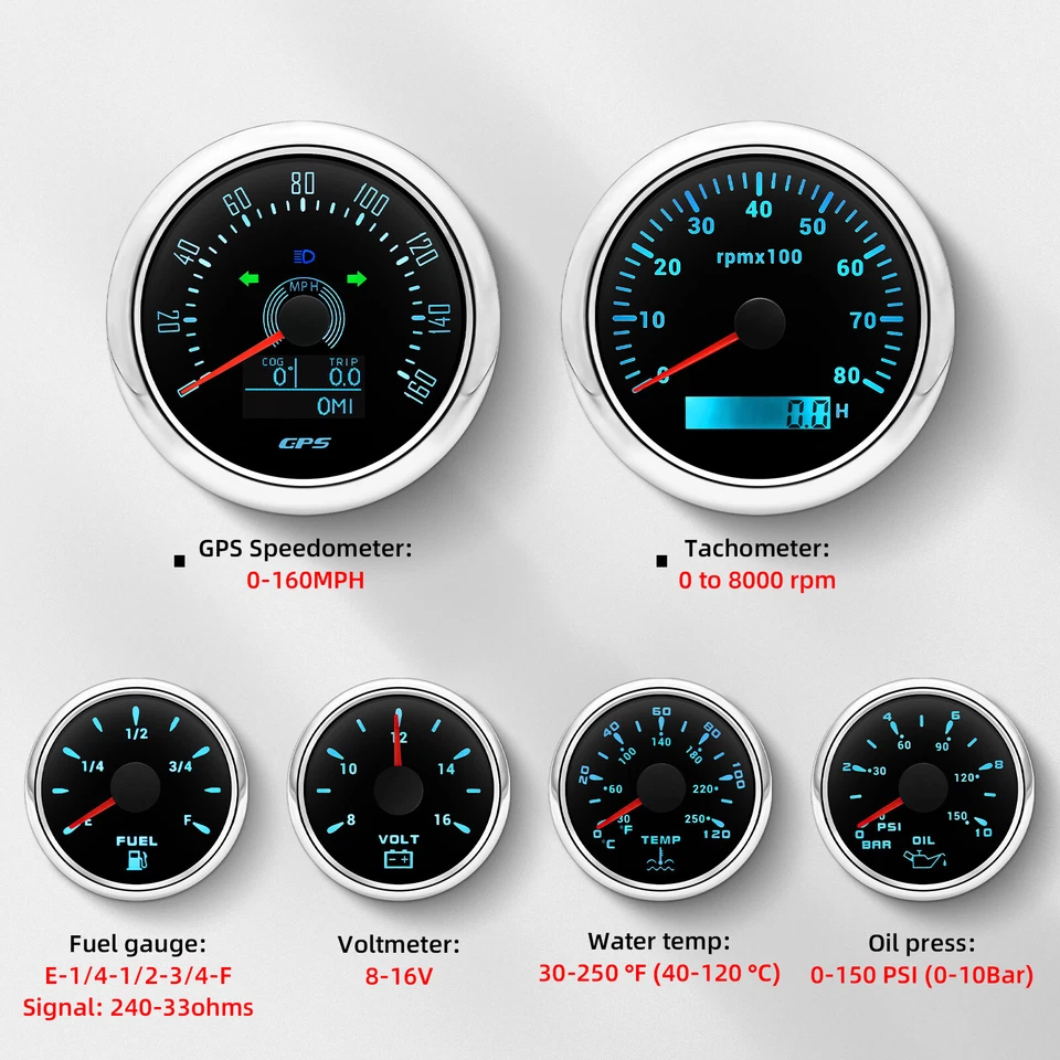 6 Gauge Set 85mm GPS Speedometer 160MPH Tacho&52mm Fuel/Oil/Temp/Volt Gauge US - Image 2 of 4