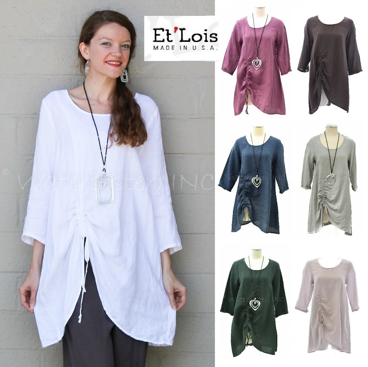 ET'LOIS USA Light Linen TERESA TUNIC Adjustable Ruched Detail A-line Top S M L