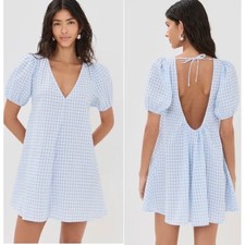 STAUD XS Marsh Mini Dress Blue White Gingham Seersucker Open Back Puff Sleeve
