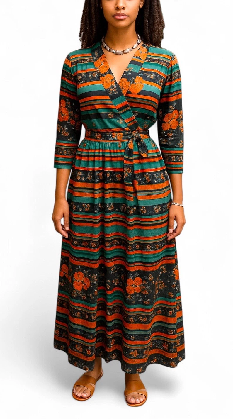 Vintage Dress 1970s Maxi Dress Vintage Italian Imec Wrap Dress Floral Stripes S