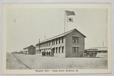 WWI Camp Grant Rockford IL Postcard, Red Cross Hospital Flag, Military Ambulance