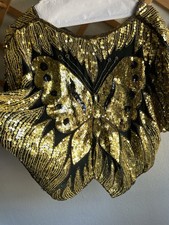 VINTAGE 80's Sequin Butterfly Top 100 Silk Black Gold Size L Eveningwear