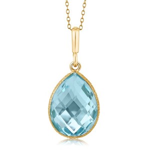 Authentic 9.00 Ct Blue Topaz 16x12mm Pear Shape 18K Yellow Gold Plated Silver Pendant 18"