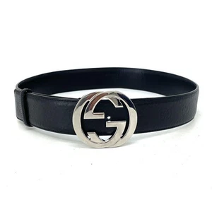 Gucci Ceinture Cuir Noir Entrelacé GG Boucle Argentée Femme i10265