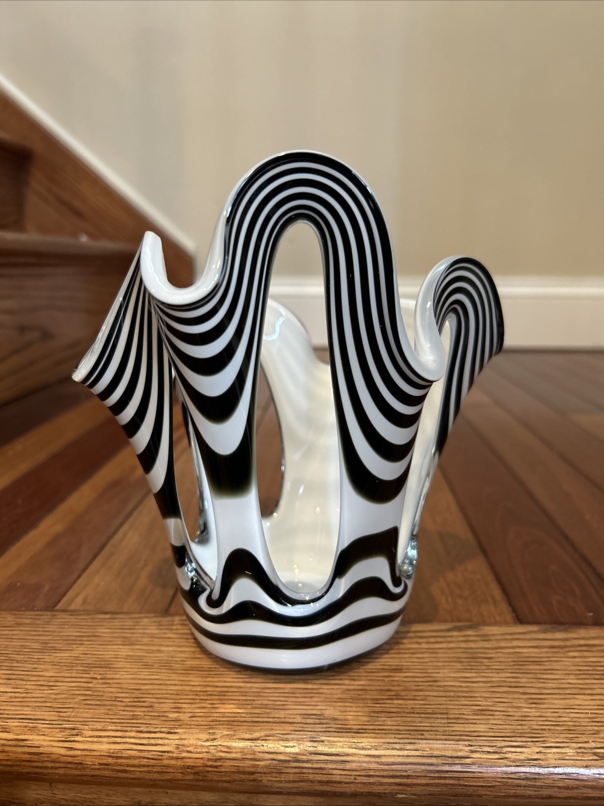 MCM Zorza Art Glass/Candle Holder Hand Made In Poland Black & White Zebra Swirl