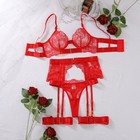 Embroidered Eyelash Lace Bra Waist Garter Thongs Thigh Belt 4-Piece Lingerie Set