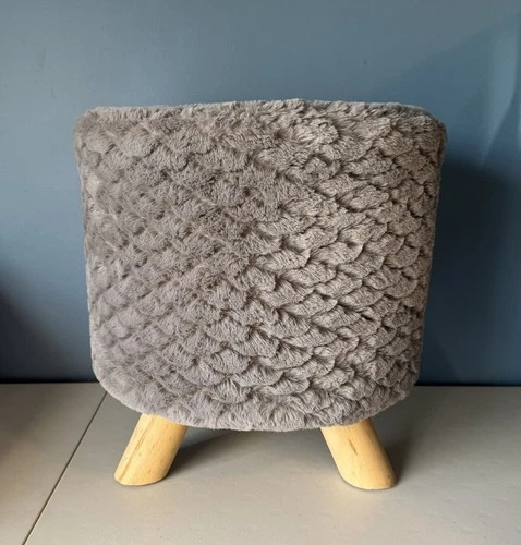 Round Faux Fur Ottoman Fabric Foot Rest Stool Gray Wood Legs - product listing photo
