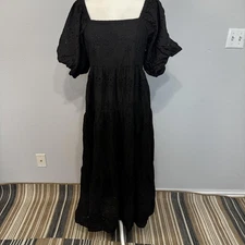 Meadow Rhodes Dress Womens XL Black Eyelet Puff Sleeve Maxi Lined Boho Smocked