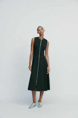Zara Pinstripe Midi Dress Gray Beige Size S L NWT Sleeveless Front Zip  Closure | eBay