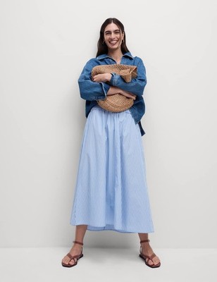 Marks & Spencer Damen Blau Mix Baumwolle Midi A Linie Gestreifter Rock - M&S